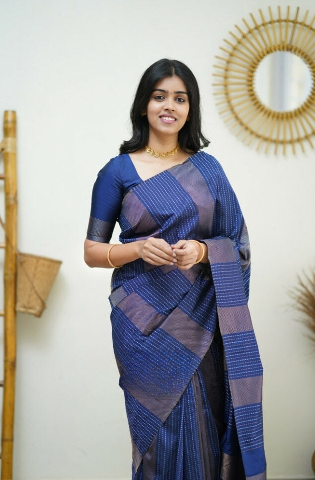 Women's Royal Blue Linen Silk Saree with Woven Striped Design & Designer Tassel Pallu