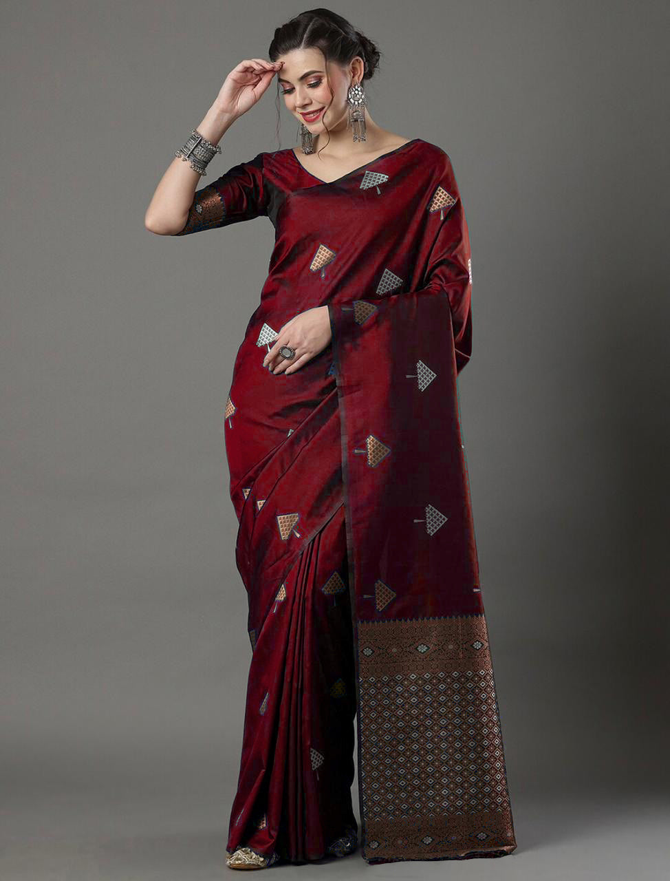 Elegant Maroon Silk Saree with Zari Motifs & Rich Designer Border
