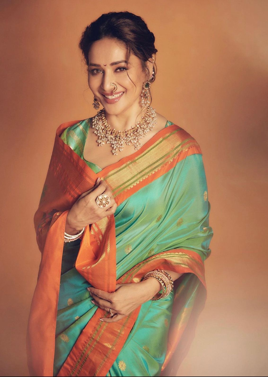 Aqua Green Kanjivaram Silk Saree with Orange Contrast Zari Border