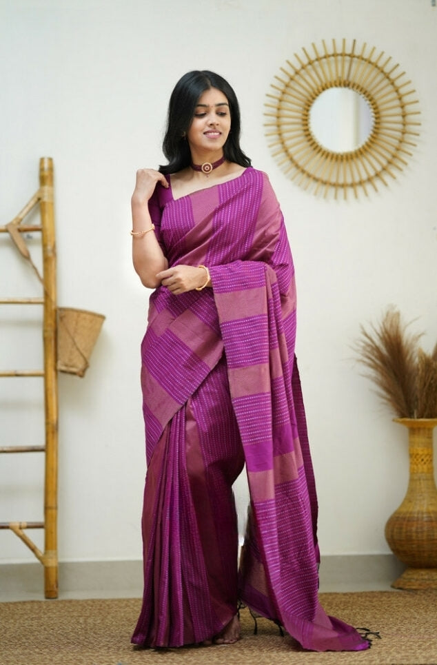 Women's Magenta Pink Linen Silk Saree with Woven Striped Design & Designer Tassel Pallu