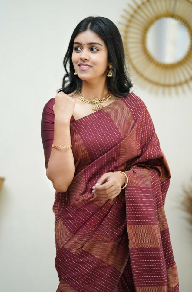 Women's Maroon Linen Silk Saree with Woven Striped Design & Designer Tassel Pallu