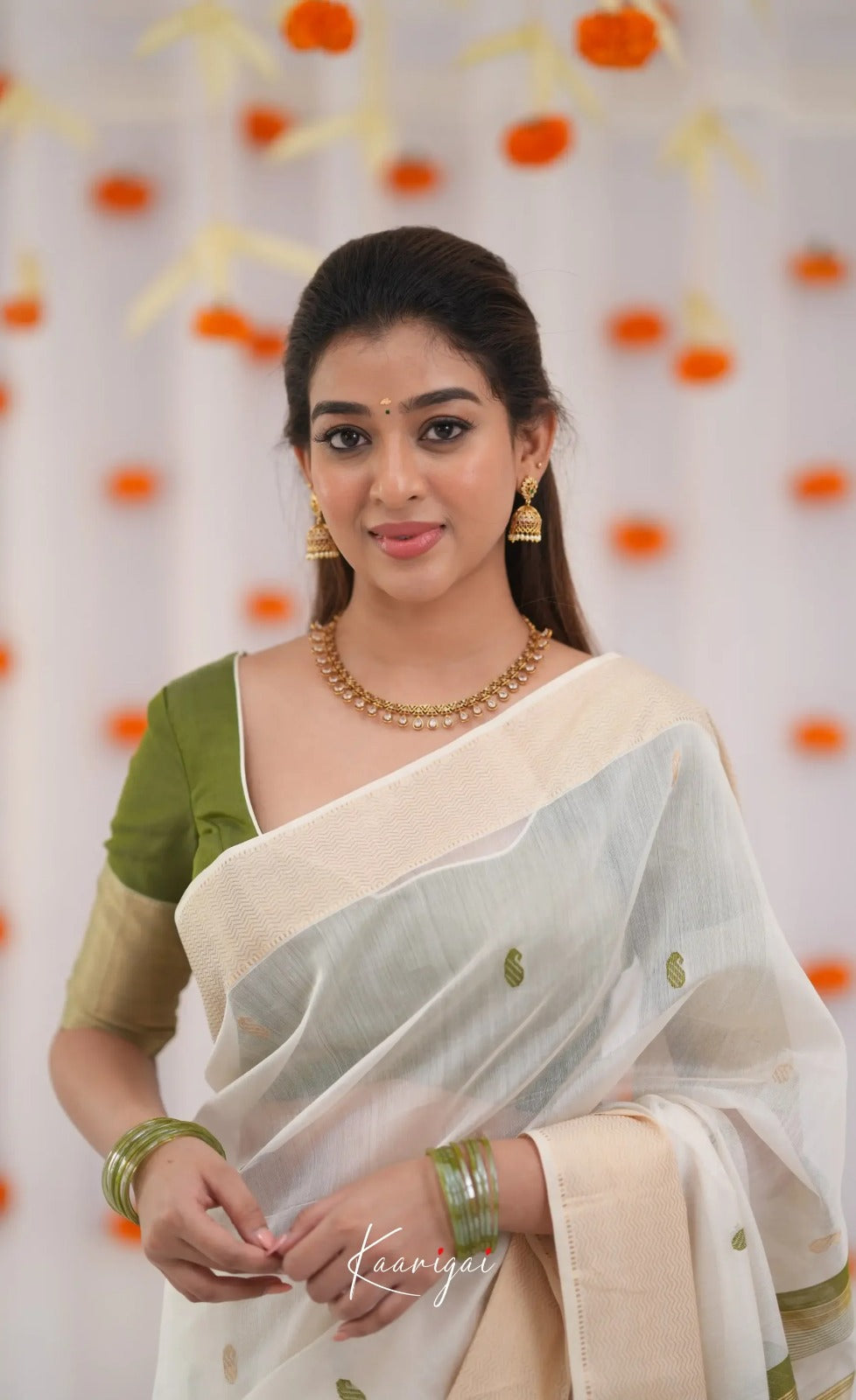 Women's White Saree with Olive Green Border