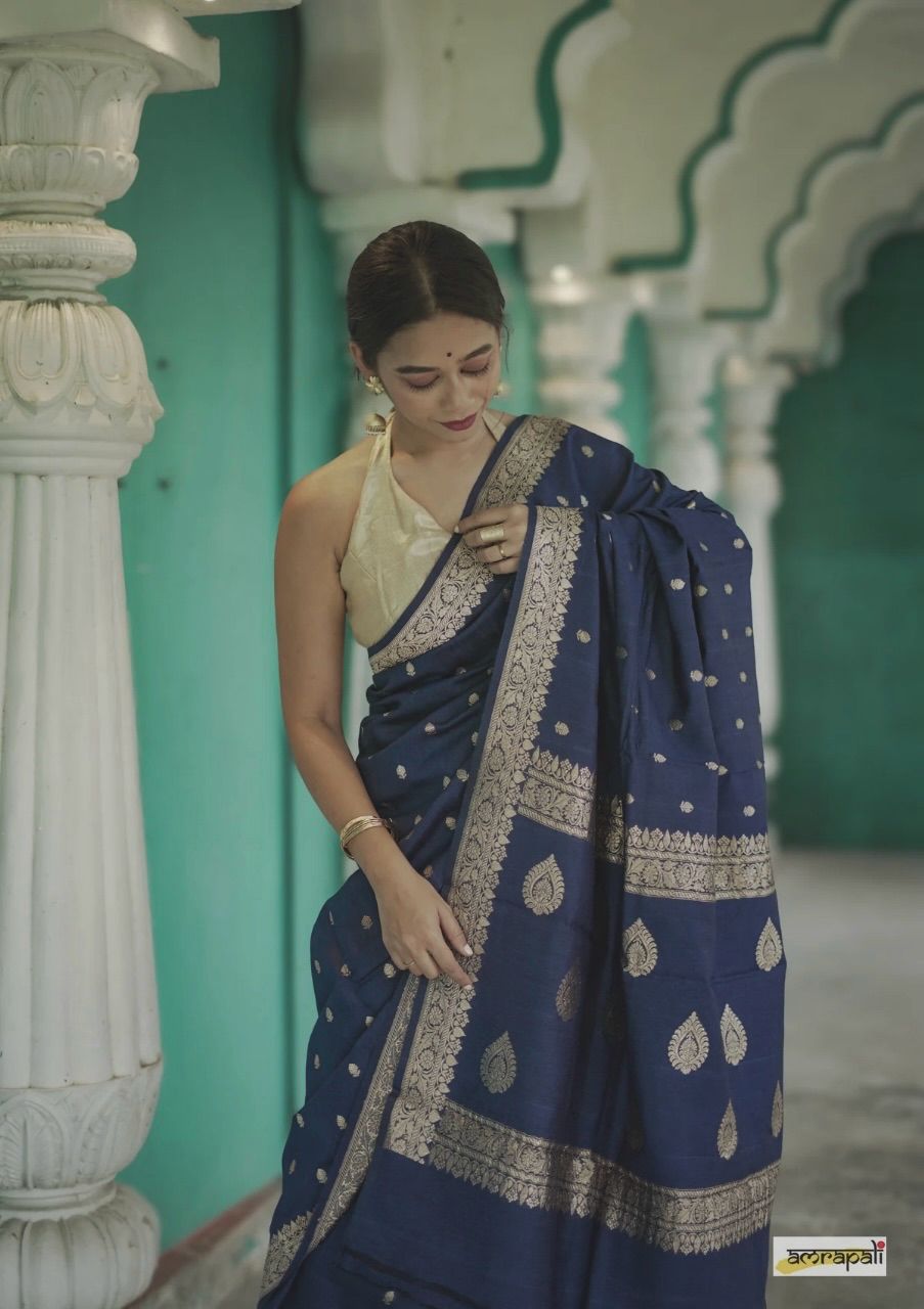 Women's Royal Blue Silk Saree with Golden Zari Border