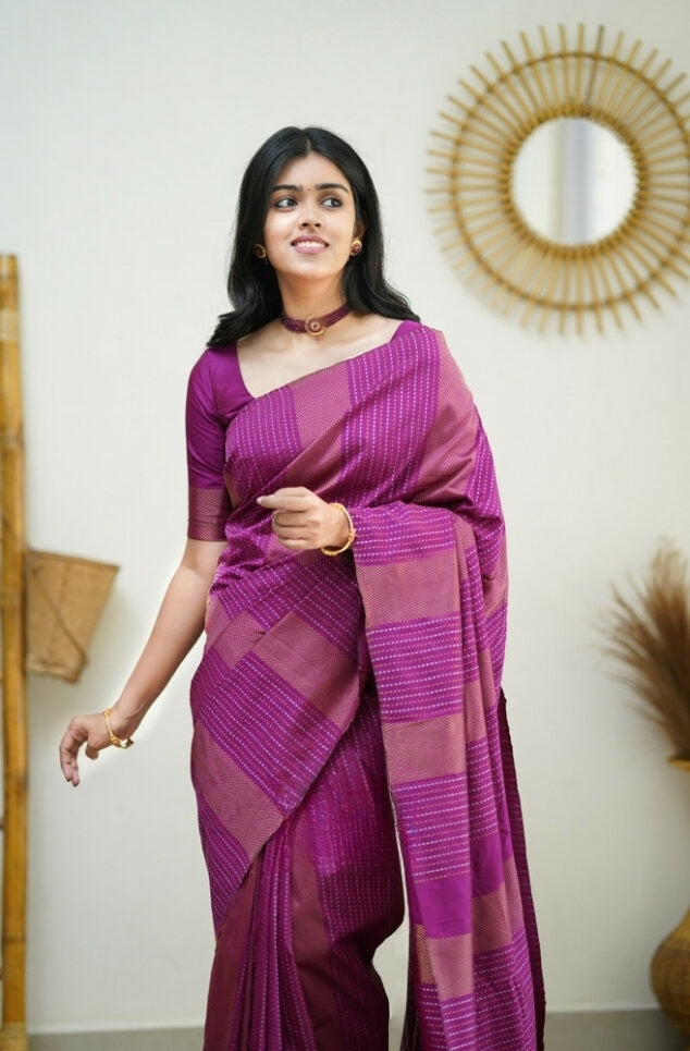 Women's Magenta Pink Linen Silk Saree with Woven Striped Design & Designer Tassel Pallu