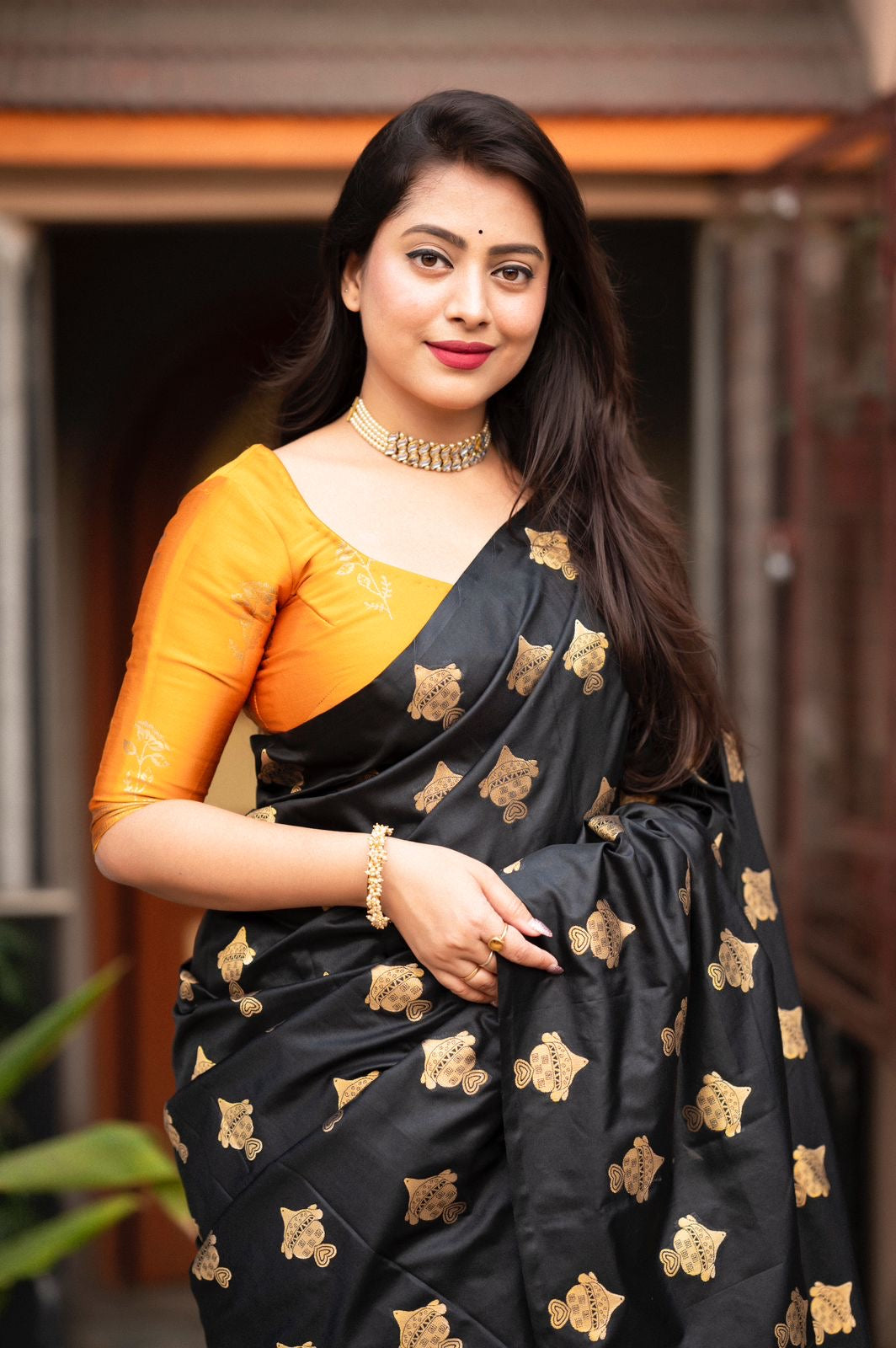 Women's Black Silk Blend Saree with Golden Woven Motifs & Mustard Yellow Contrast Pallu