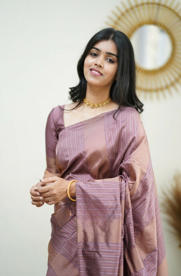 Women's Mauve Pink Linen Silk Saree with Woven Striped Design & Elegant Tassel Pallu