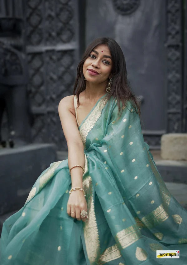 Women's Sea Green Silk Saree with Golden Zari Border