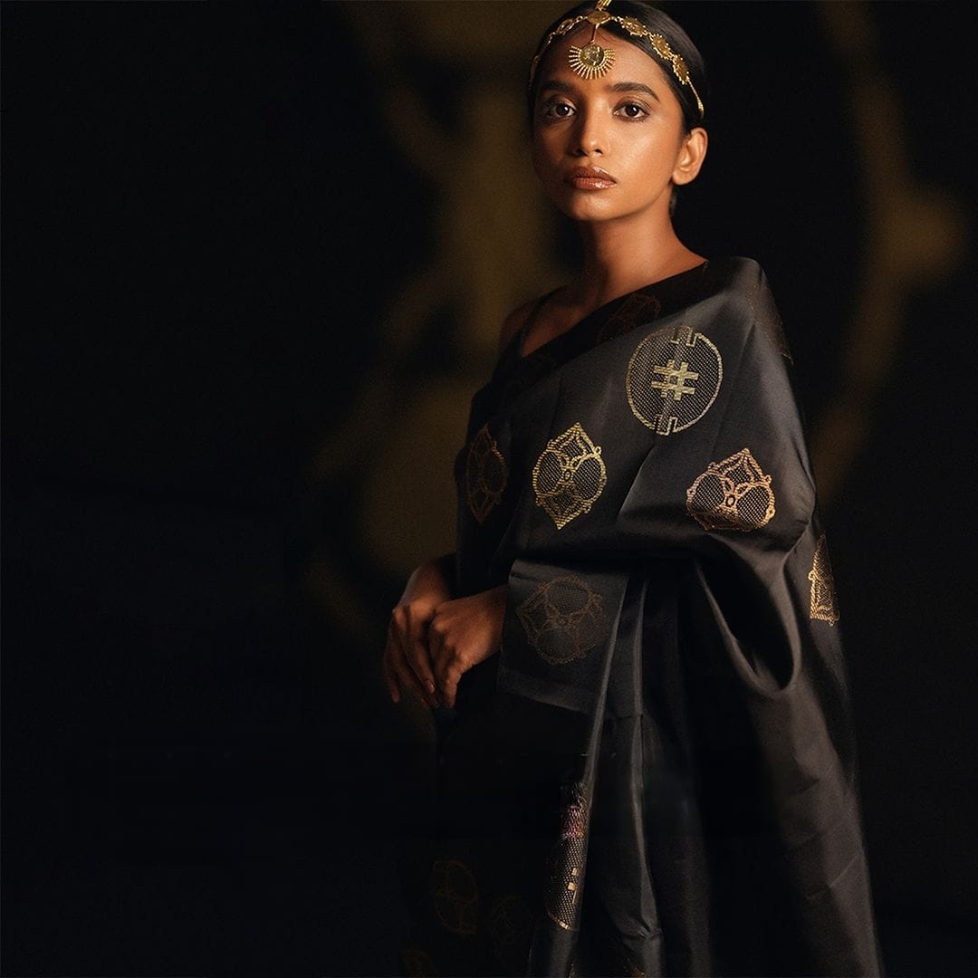 Elegant Charcoal Black & Lime Green Designer Saree with Woven Motifs