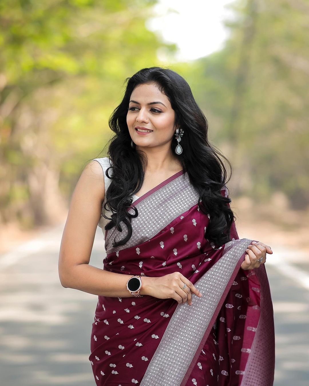 Women's Emerald Wine Printed Saree with Silver Border