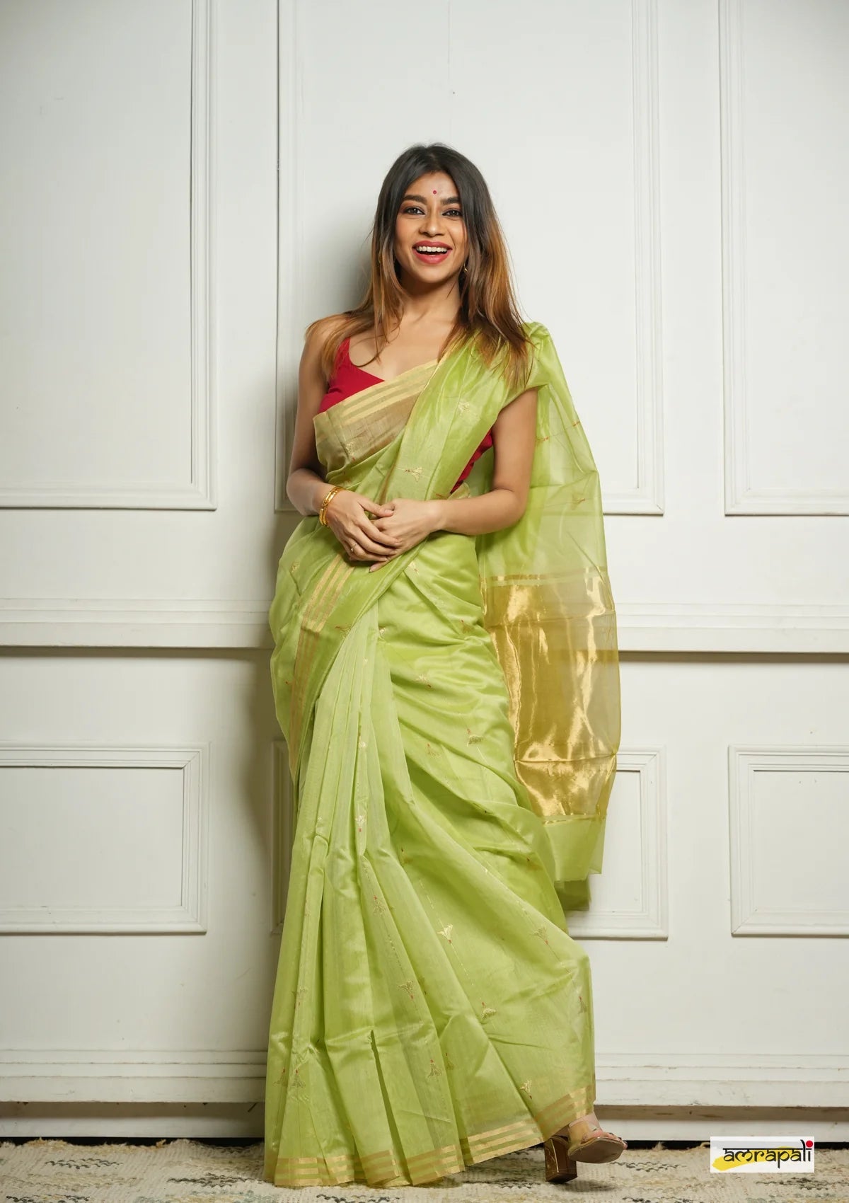 Women's Mint Green Organza Saree with Golden Border