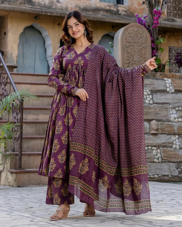 Wine Purple Floral Printed Anarkali Kurta Set with Dupatta – Elegant Festive Wear