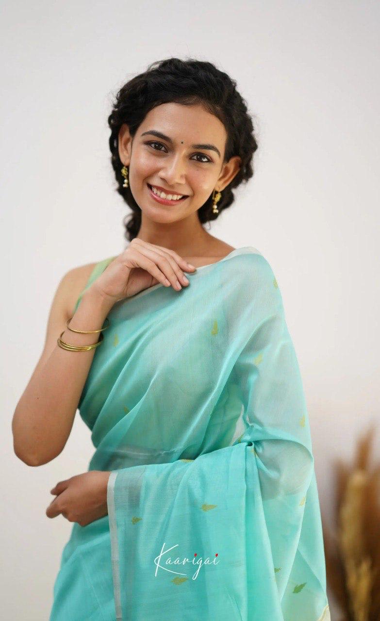 Women's Aqua Blue Organza Saree with Subtle Woven Motifs & Contrast Pastel Pallu