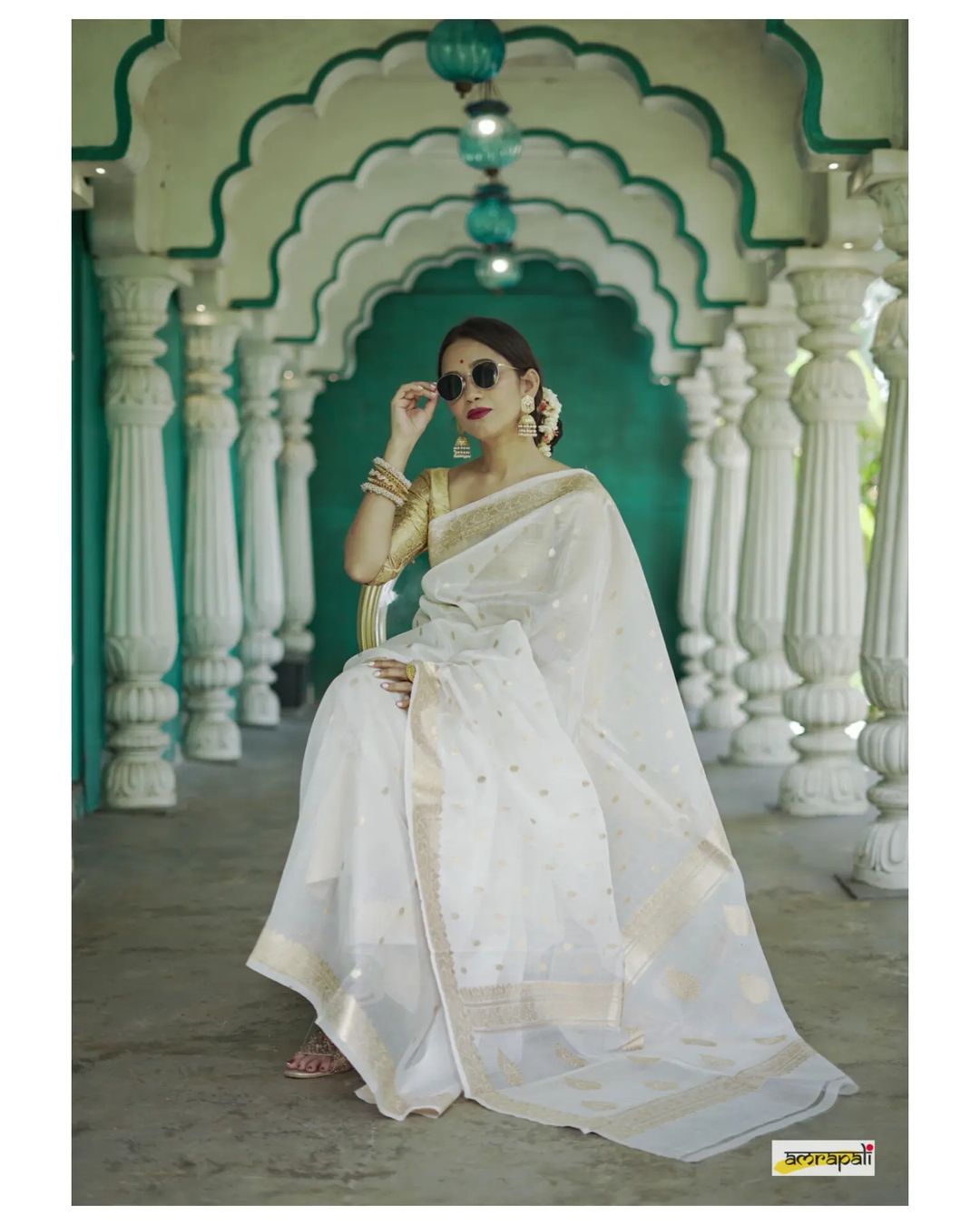 Women's White Silk Saree with Golden Zari Border