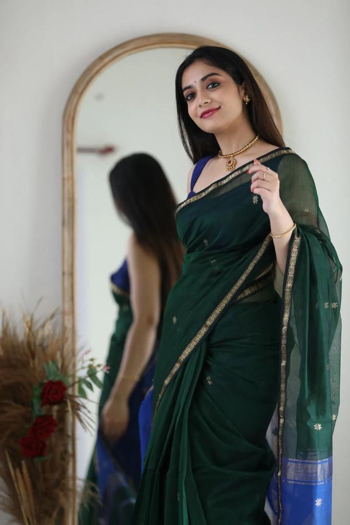 Fragrant Green Cotton Silk Saree With Classy Blouse Piece