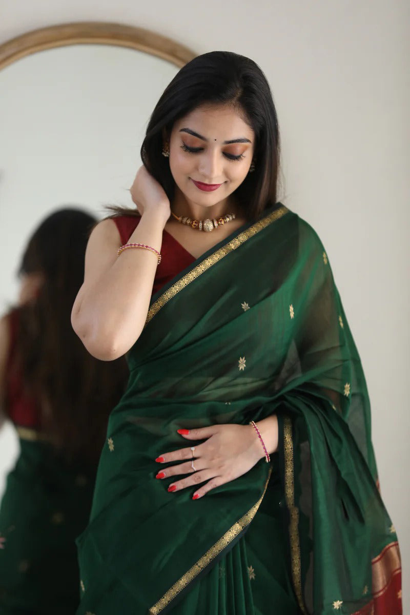 Snazzy Green Cotton Silk Saree With Prodigal Blouse Piece