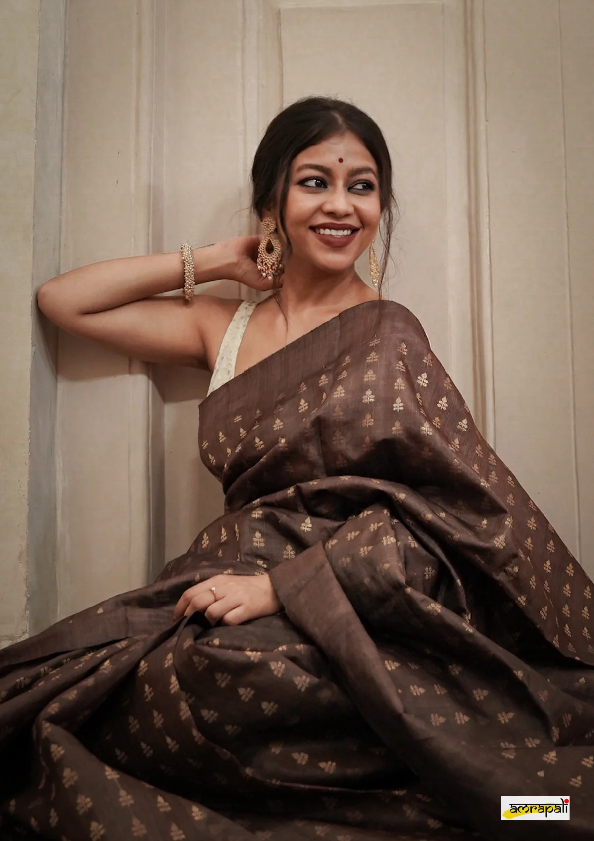 Women's Coffee Brown Silk Blend Saree with Golden Woven Motifs & Designer Pallu