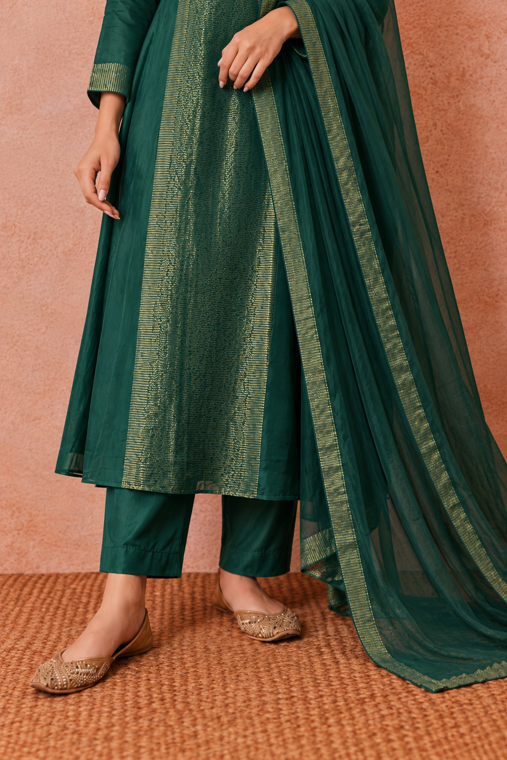 Green Gold Woven Kurta Set with Dupatta