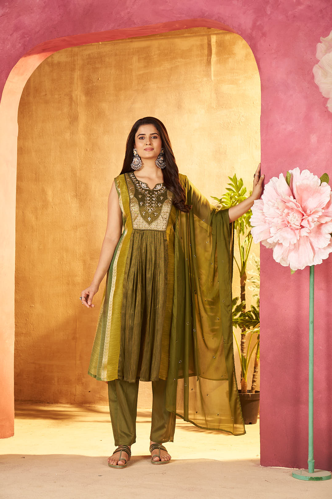 Green Embroidered Sleeveless Kurta Set with Matching Dupatta