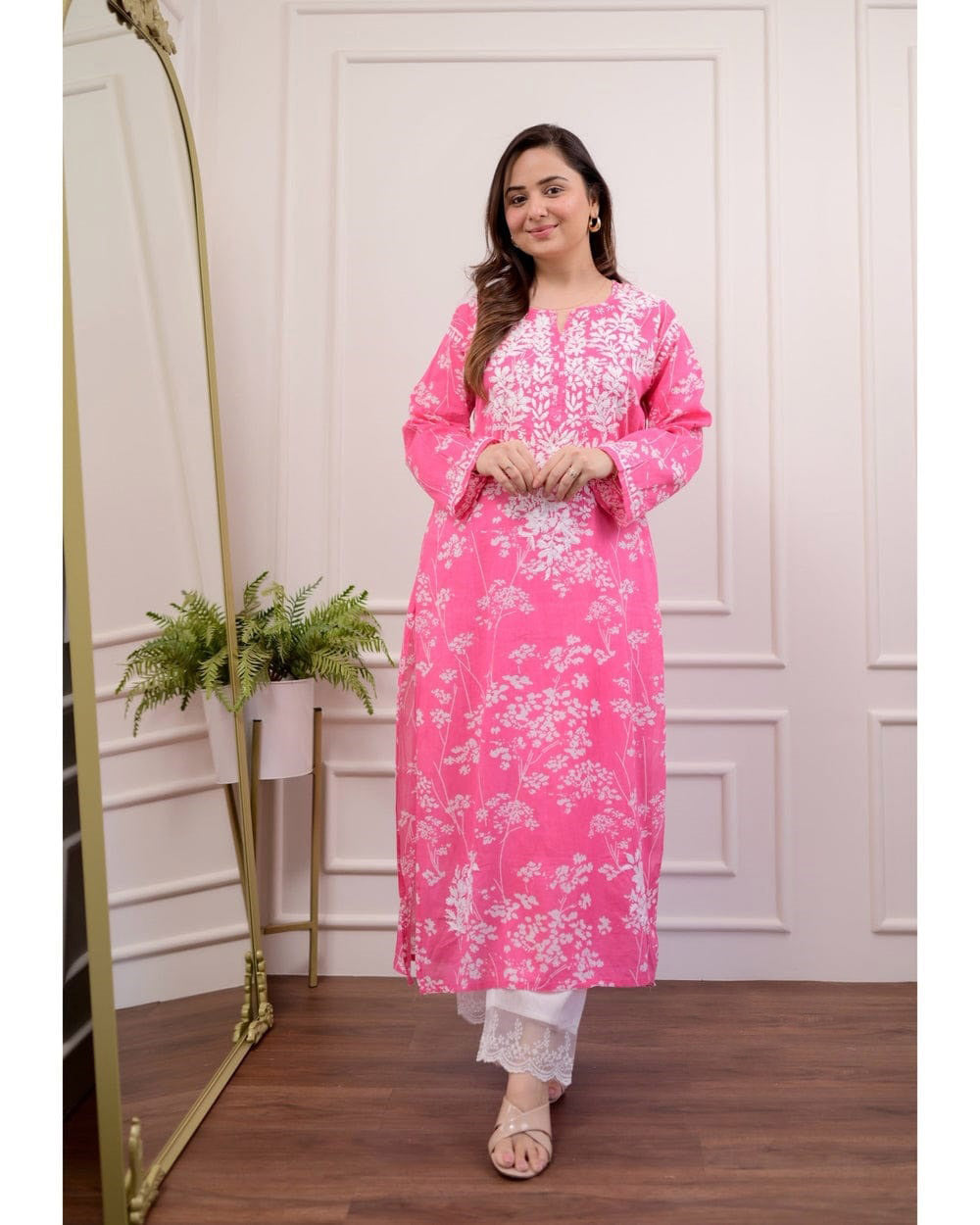 Pink Floral Chikankari Embroidered Straight Kurti Pant Set Cotton Salwar Kameez for Women