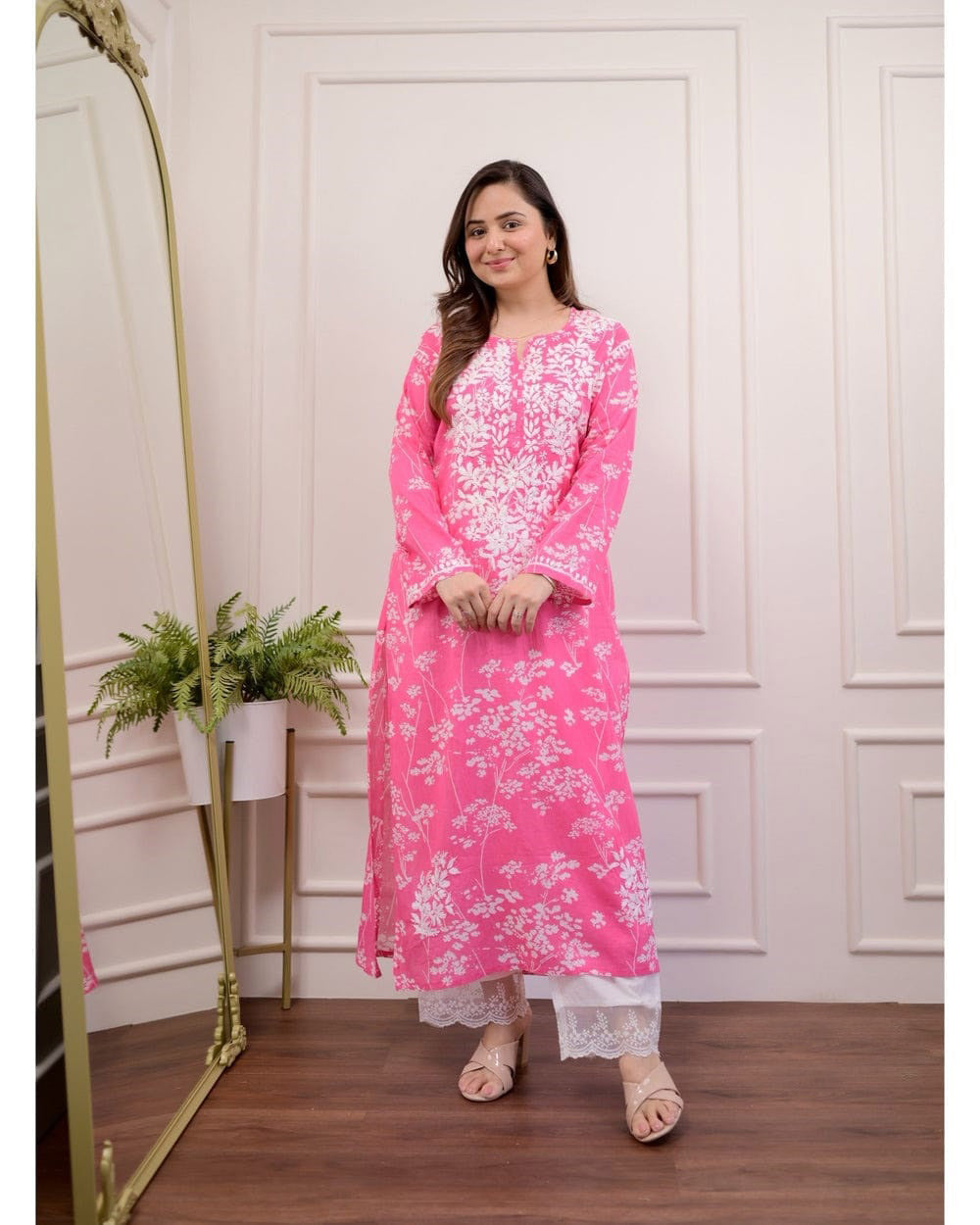Pink Floral Chikankari Embroidered Straight Kurti Pant Set Cotton Salwar Kameez for Women