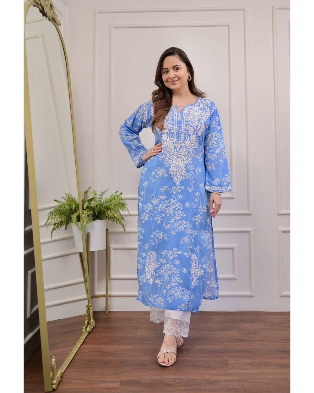 Blue Floral Chikankari Embroidered Straight Kurti Pant Set Cotton Salwar Kameez for Women