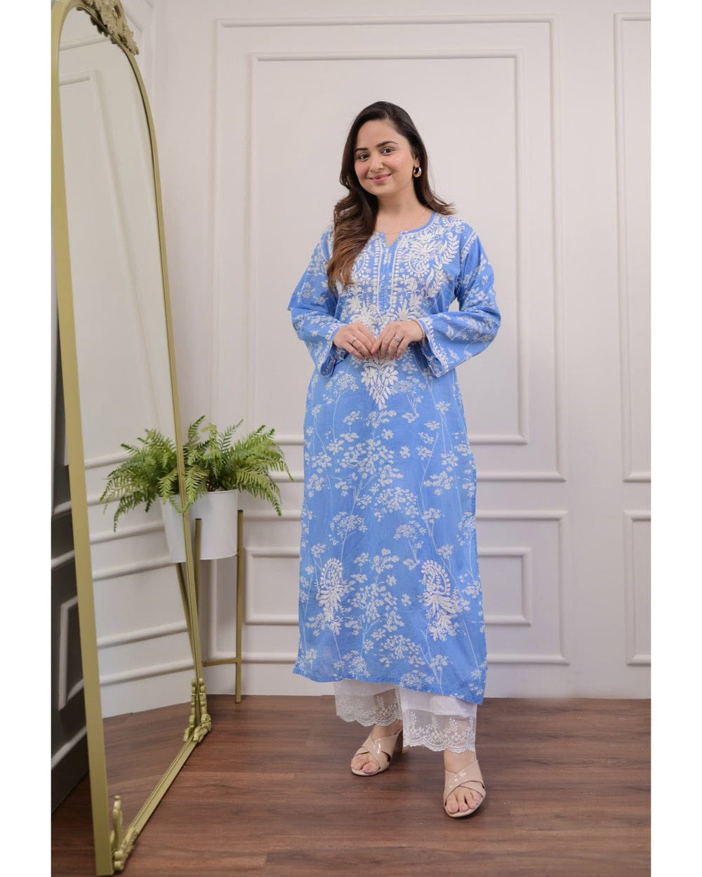 Blue Floral Chikankari Embroidered Straight Kurti Pant Set Cotton Salwar Kameez for Women