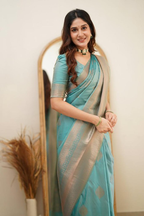 Women's Sky Blue Silk Blend Saree with Elegant Solid Weave & Designer Border