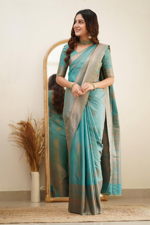 Women's Sky Blue Silk Blend Saree with Elegant Solid Weave & Designer Border