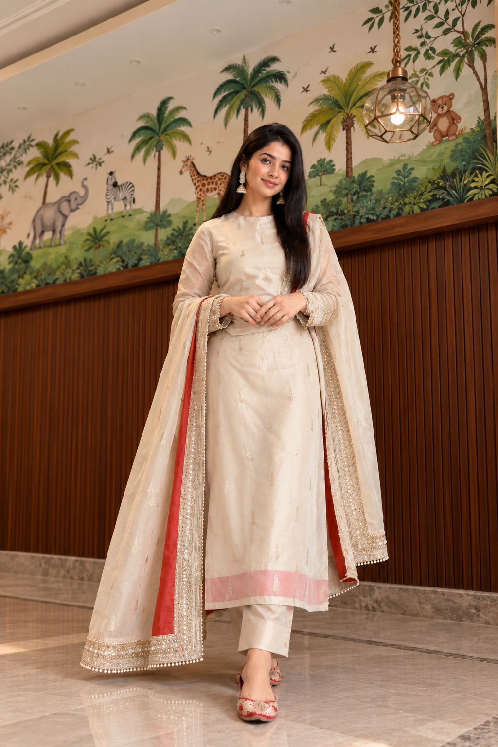 Ivory Gold Embroidered Straight Kurta Set with Dupatta for Women