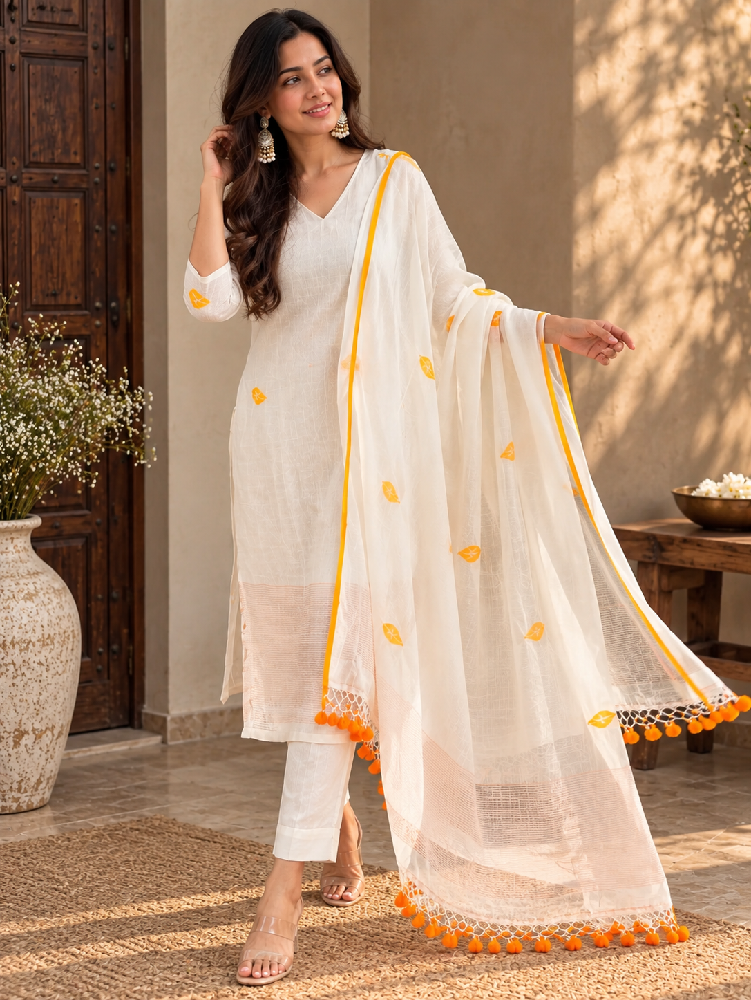 Ivory Embroidered Kurta Set with Orange Border Dupatta