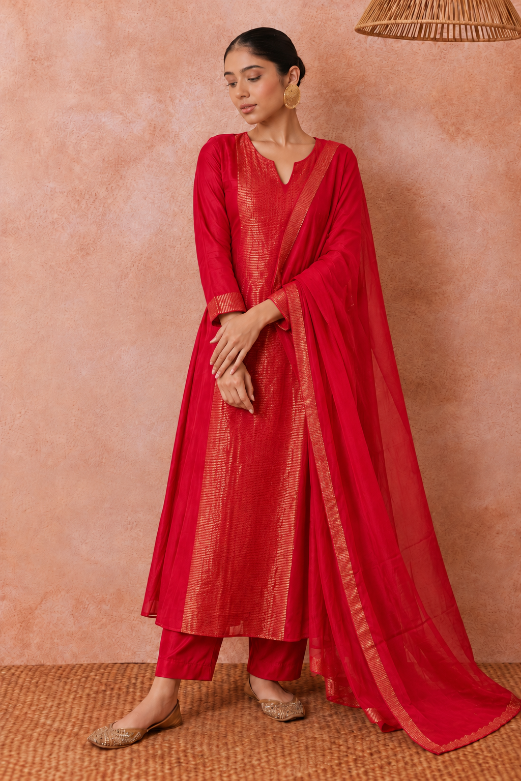 Red Gold Woven Kurta Set with Dupatta