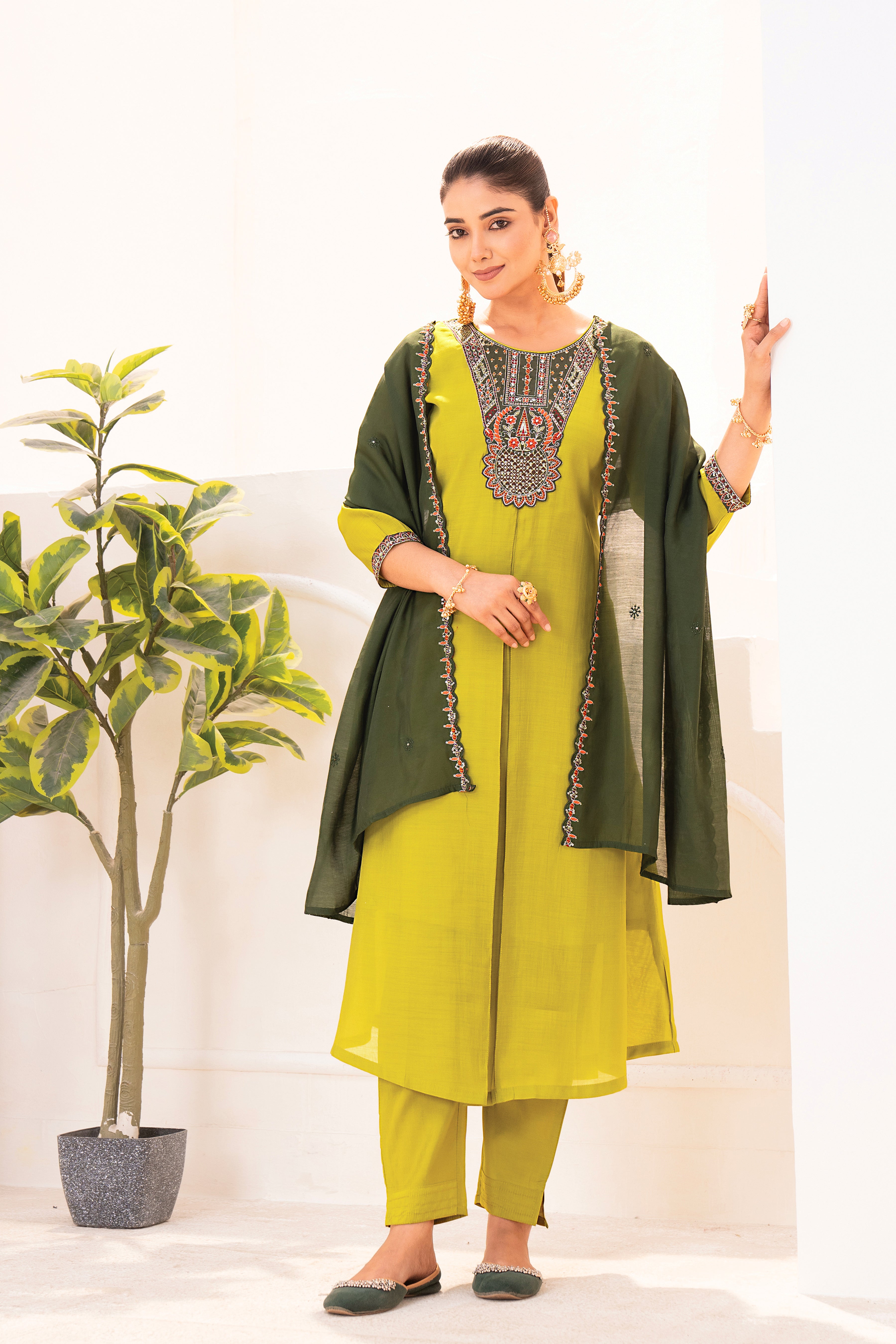 Lime Green Embroidered Straight Kurta Set with Dark Green Dupatta