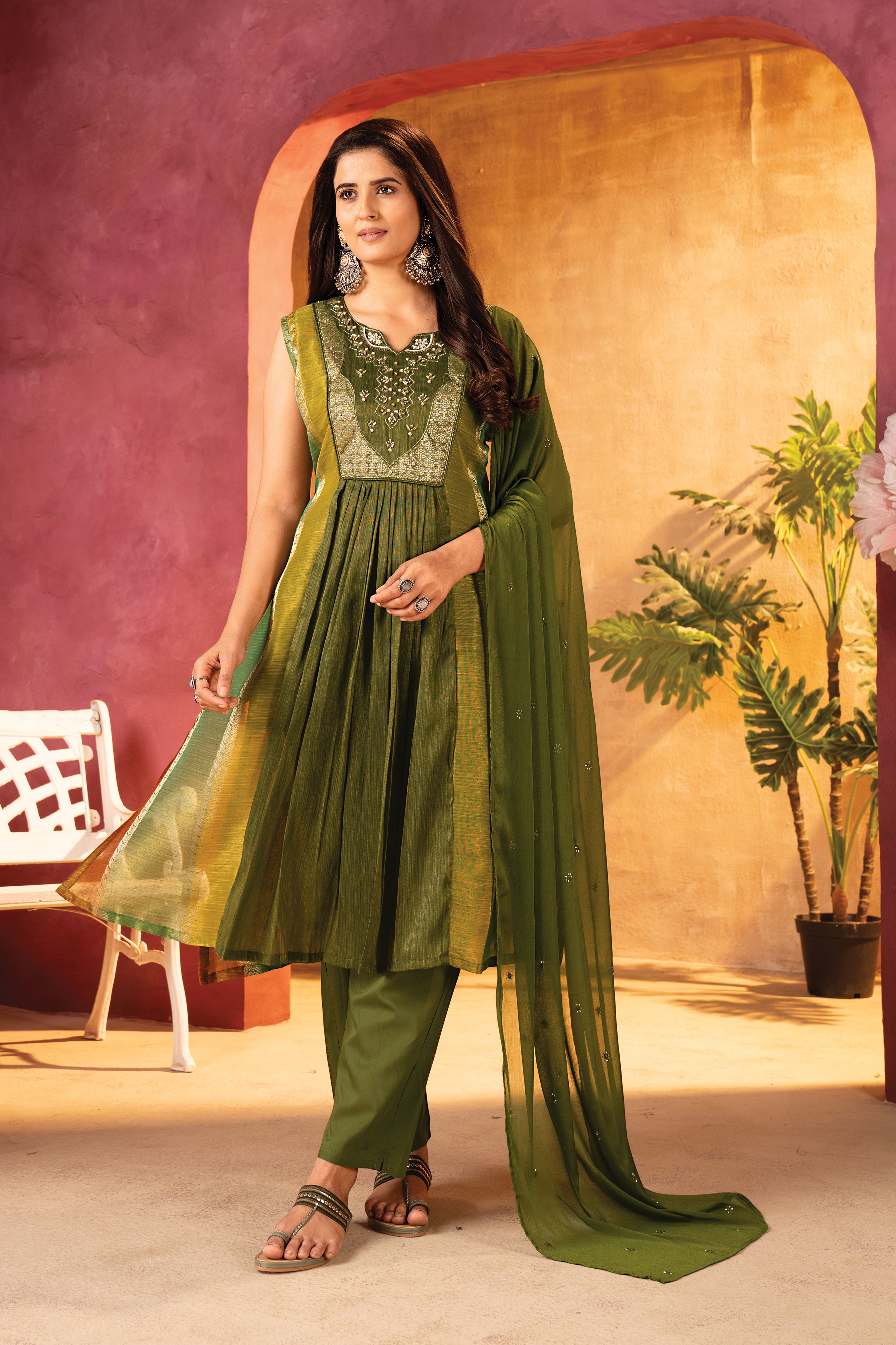 Green Embroidered Sleeveless Kurta Set with Matching Dupatta