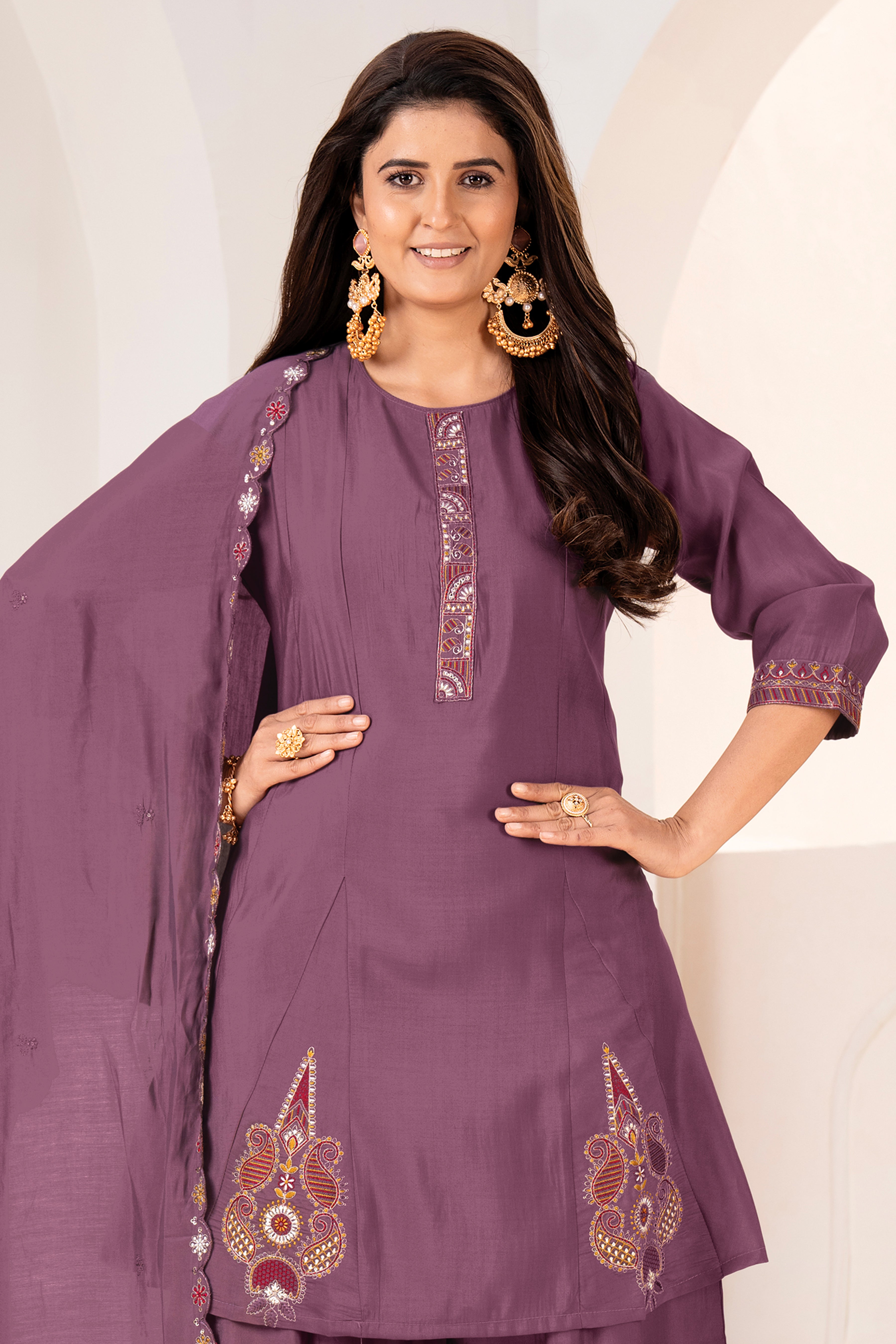 Wine Embroidered Kurta with Palazzo & Matching Dupatta Set