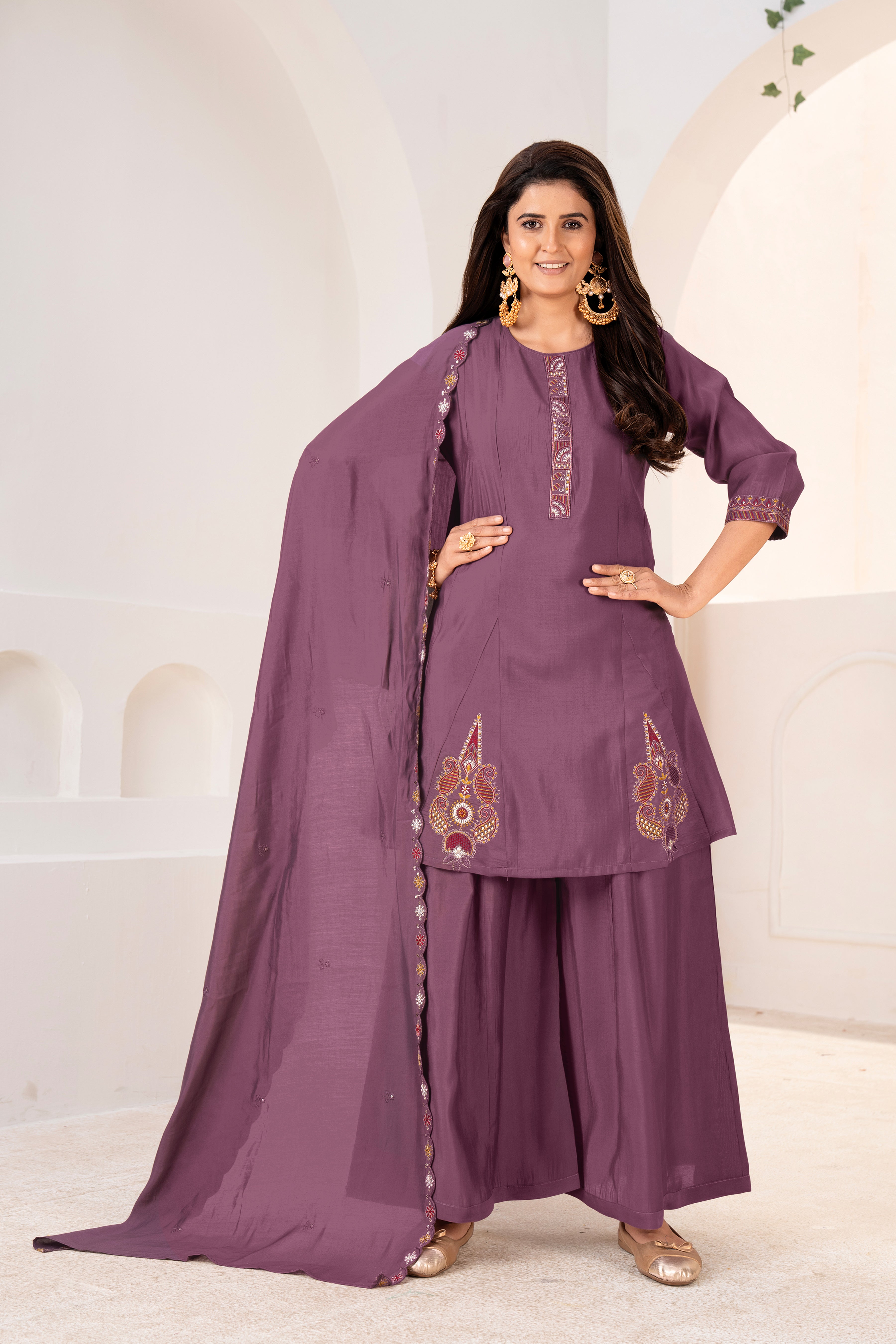 Wine Embroidered Kurta with Palazzo & Matching Dupatta Set