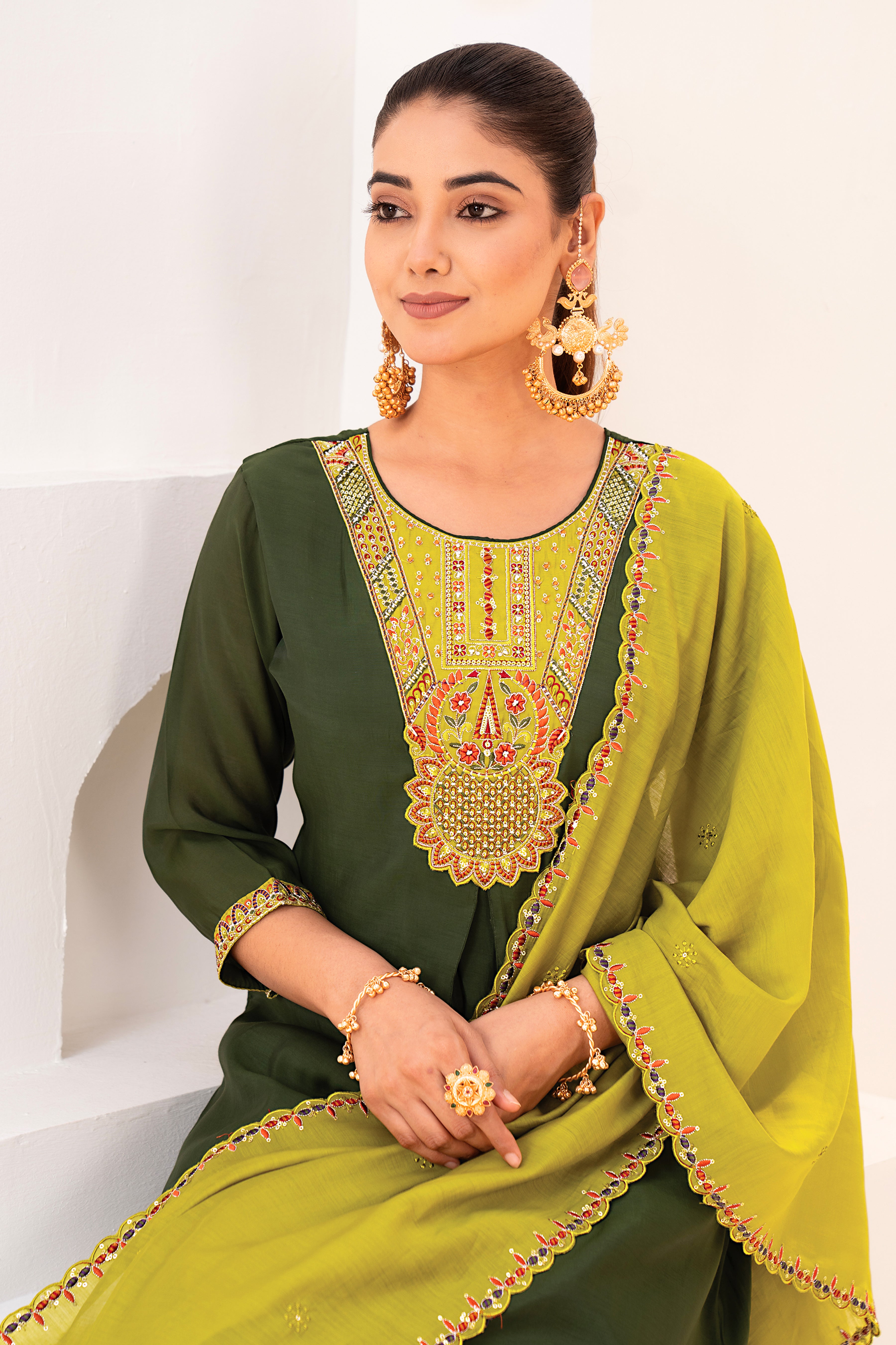 Green Embroidered Straight Kurta Set with Dark Green Dupatta