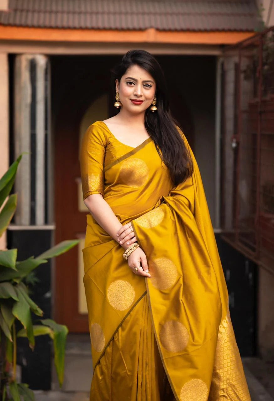 Elegant Yellow Silk Saree with Gold Polka Motifs & Rich Designer Pallu