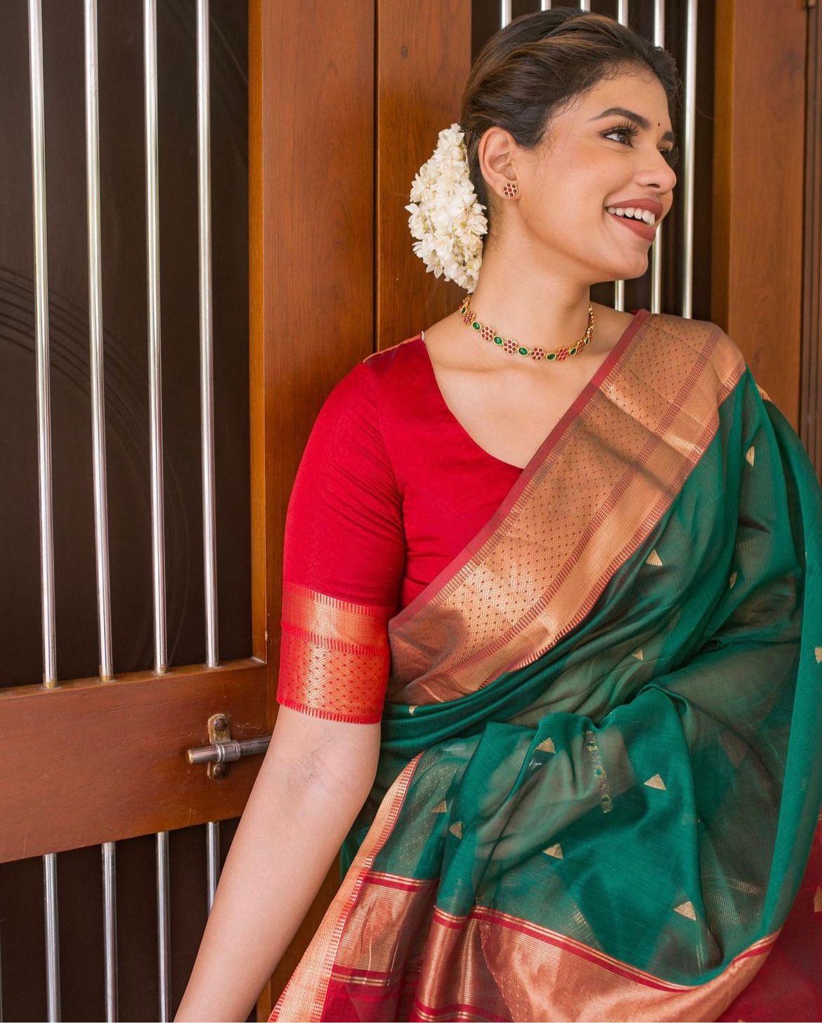 Emerald Green & Red Kanjivaram Silk Saree with Rich Golden Zari Border