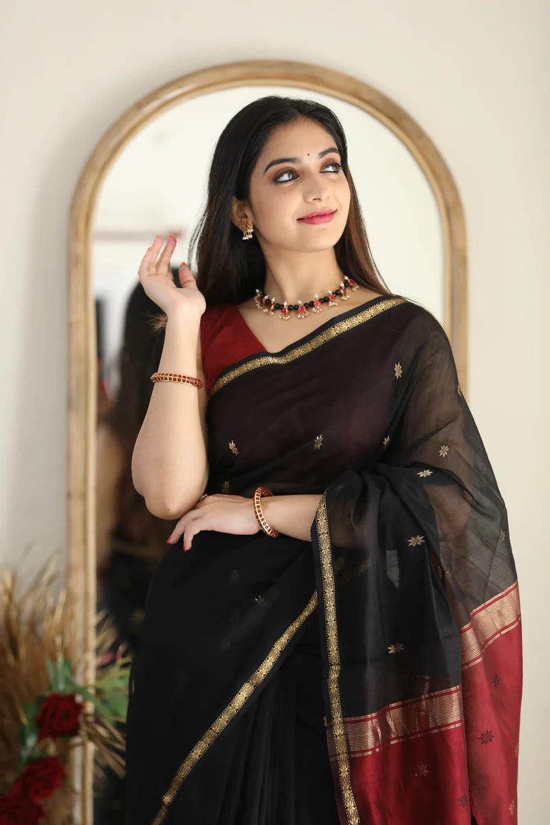 Artistic Black Cotton Silk Saree With Marvellous Blouse Piece