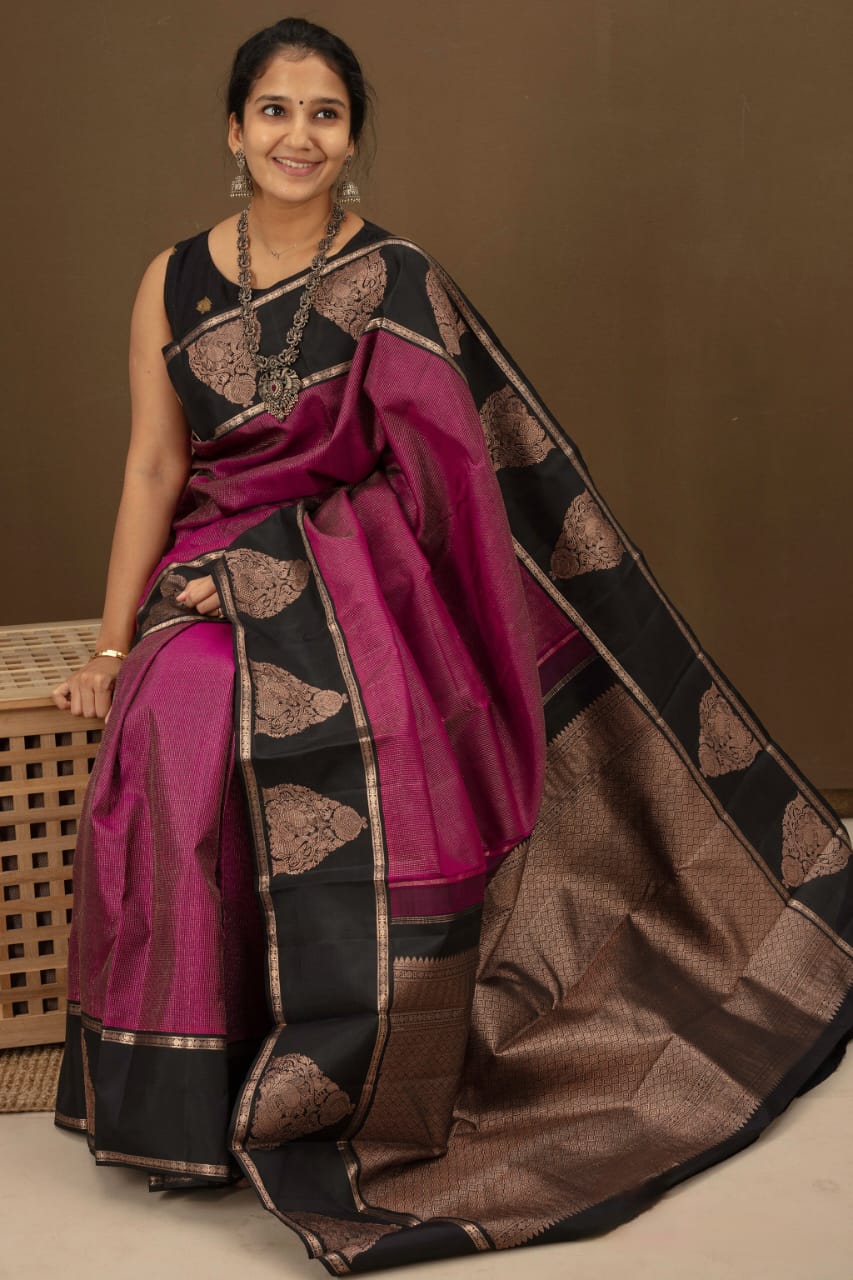 Magenta & Black Banarasi Silk Saree with Rich Zari Border