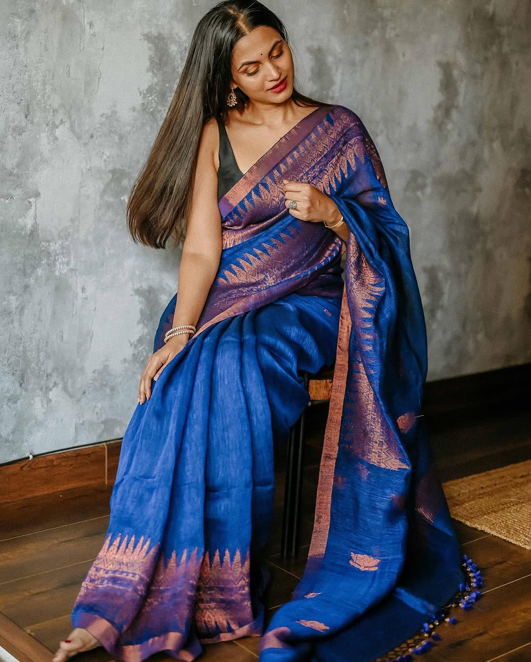 Women's Royal Blue Silk Saree with Copper Zari Border