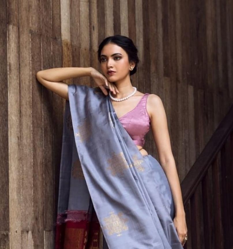 Elegant Steel Grey Silk Saree with Gold Motifs & Contrast Designer Pallu