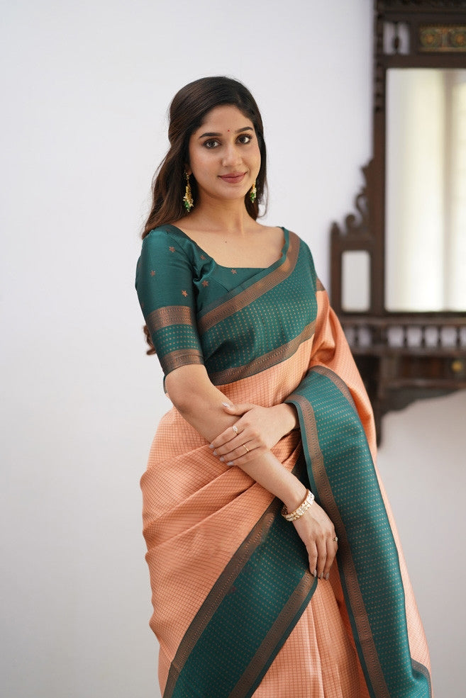 Peach & Teal Soft Silk Saree with Elegant Contrast Border