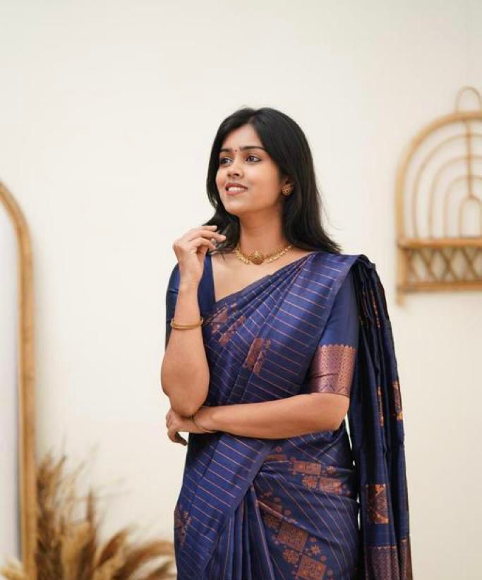 Royal Navy Blue Designer Saree with Copper Woven Pattern