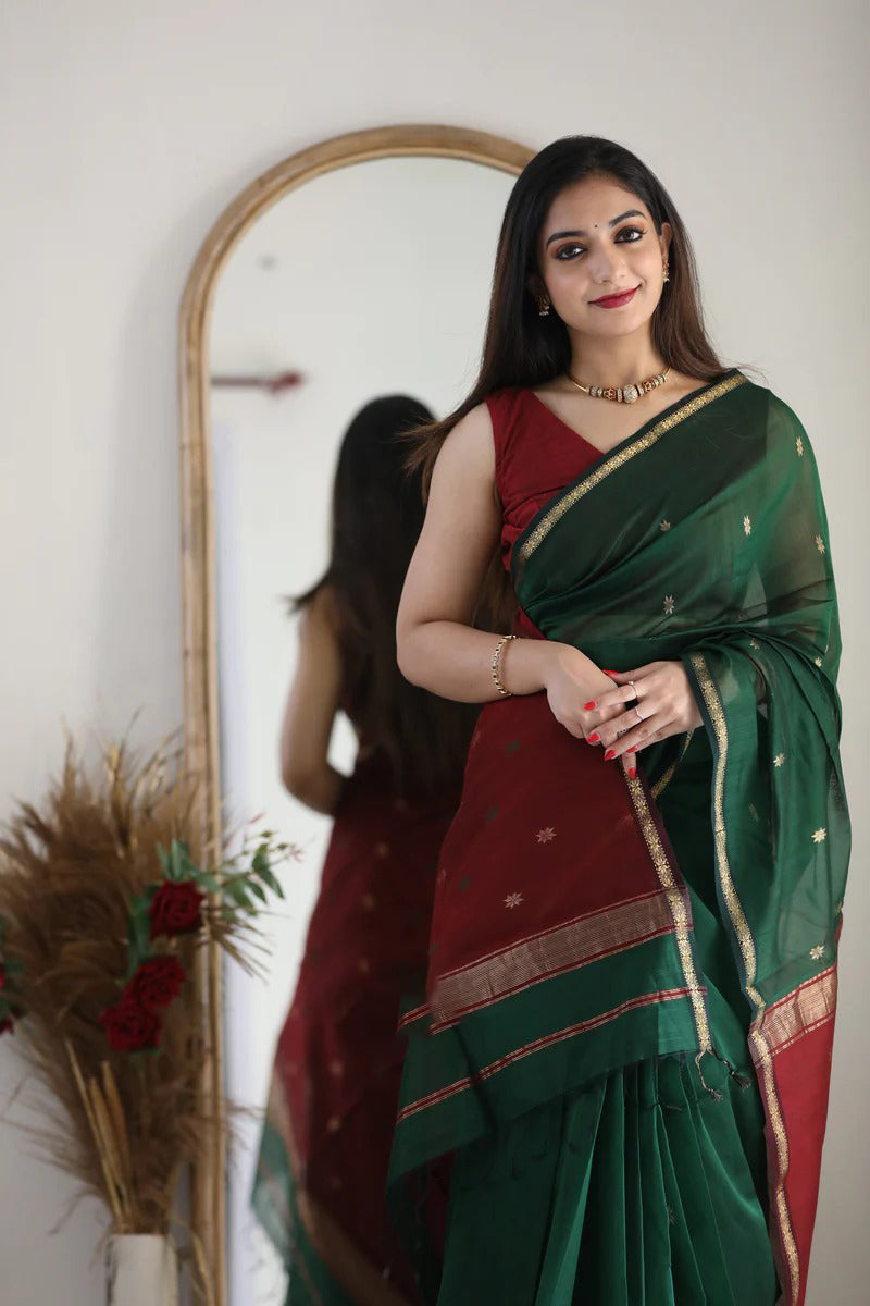 Snazzy Green Cotton Silk Saree With Prodigal Blouse Piece