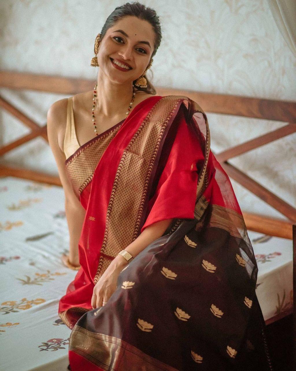 Scarlet Red Maheshawari Cotton Silk Saree