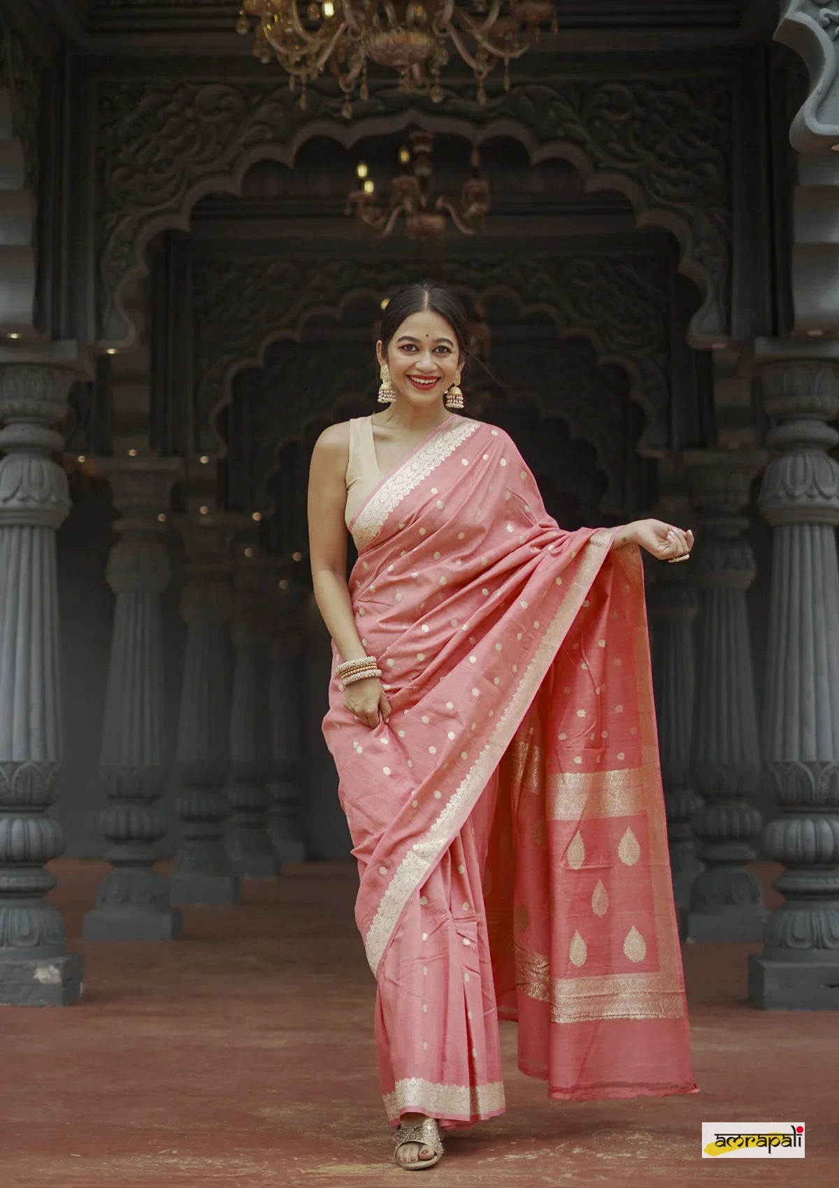 Women's Blush Pink Silk Saree with Golden Zari Border