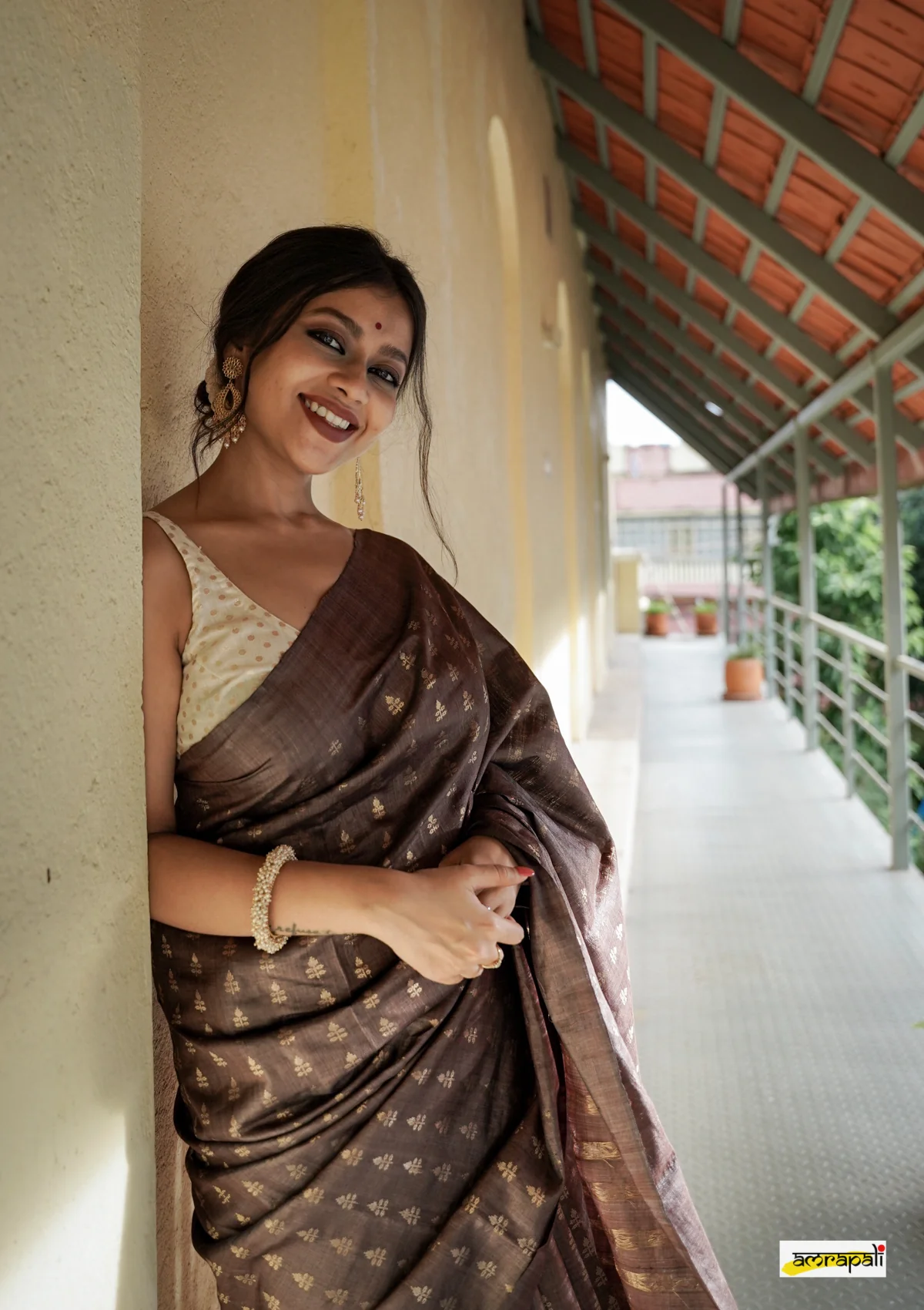 Women's Coffee Brown Silk Blend Saree with Golden Woven Motifs & Designer Pallu