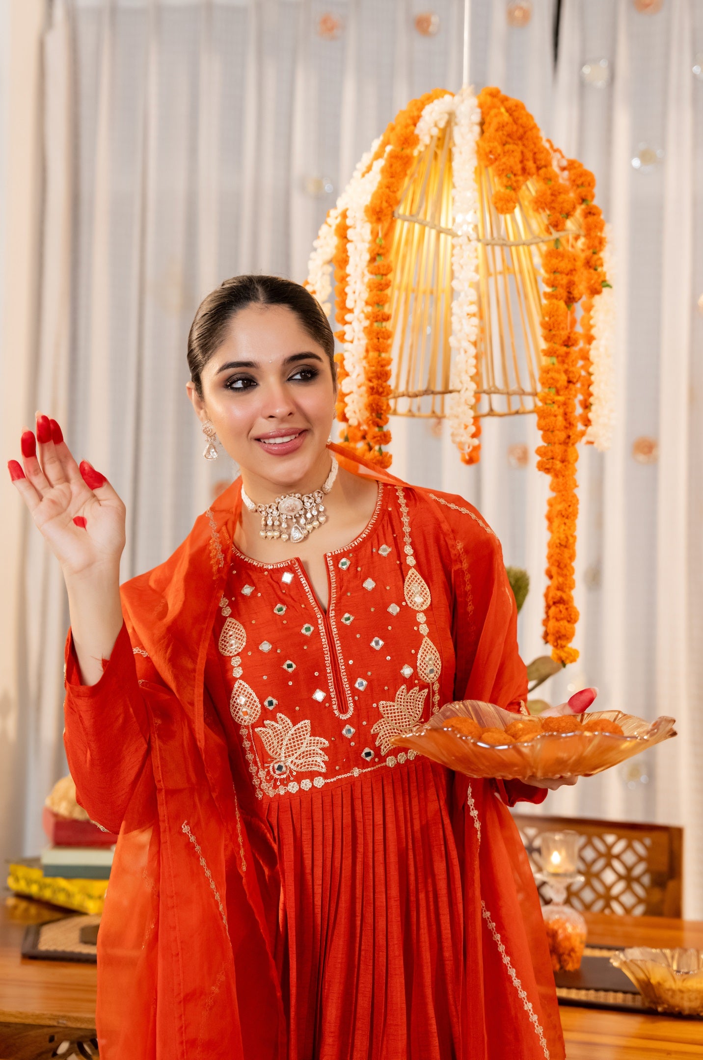 Elegant Red Embroidered Anarkali Kurta Set with Organza Dupatta for Women