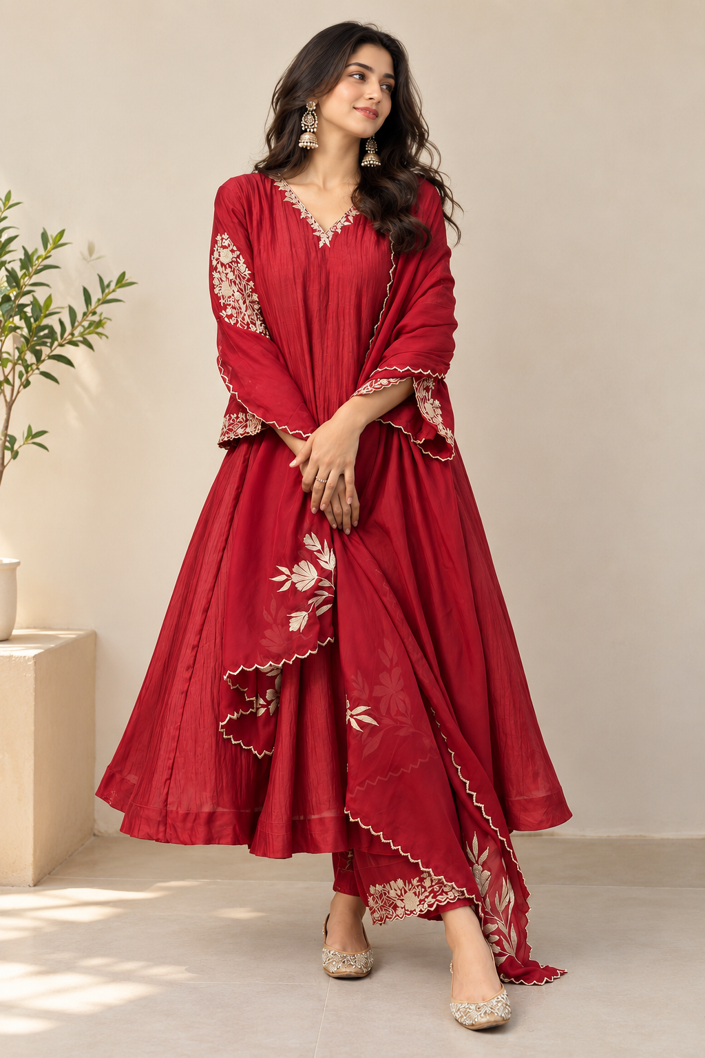 Red Embroidered Anarkali Suit Set with Dupatta for Women